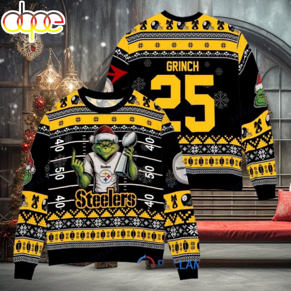 Sportswearmerch Pittsburgh Steelers NFL x Grinch Super Bowl Trophy Ugly Christmas Sweater For Fan