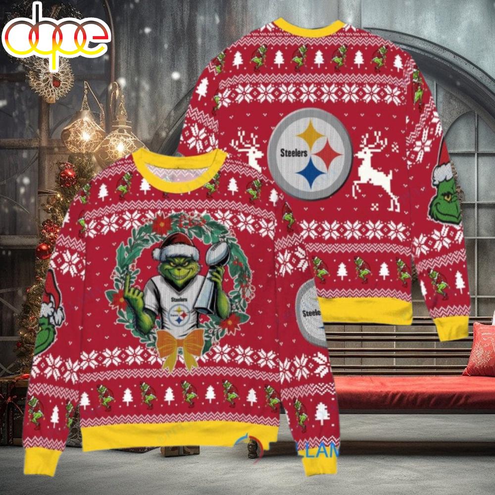 Sportswearmerch Pittsburgh Steelers NFL x Grinch Super Bowl Trophy Ugly Christmas Sweater For Fan