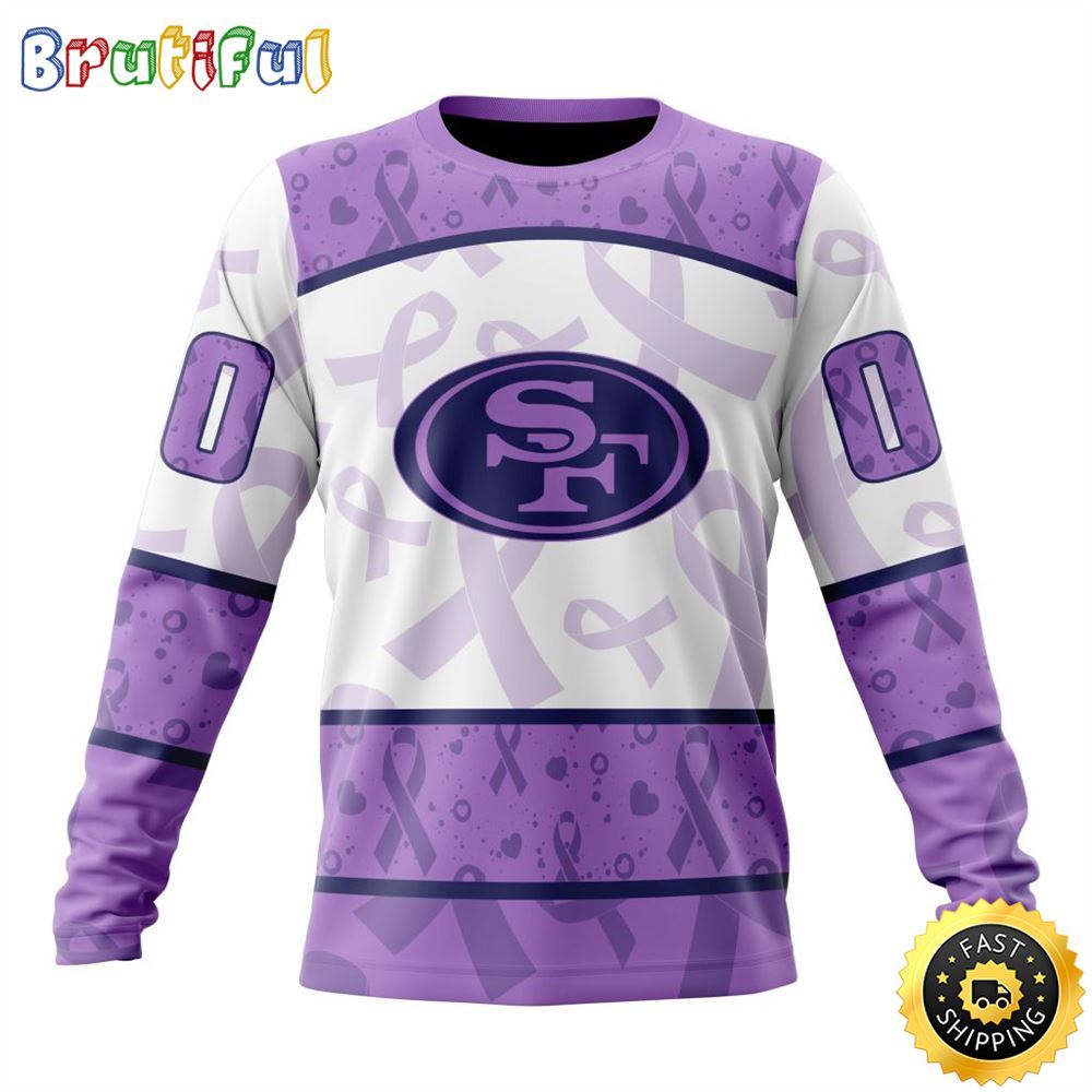 Sportswearmerch San Francisco 49ers NFL Crewneck Lavender Fights Cancer Personalized Sweater For Fan