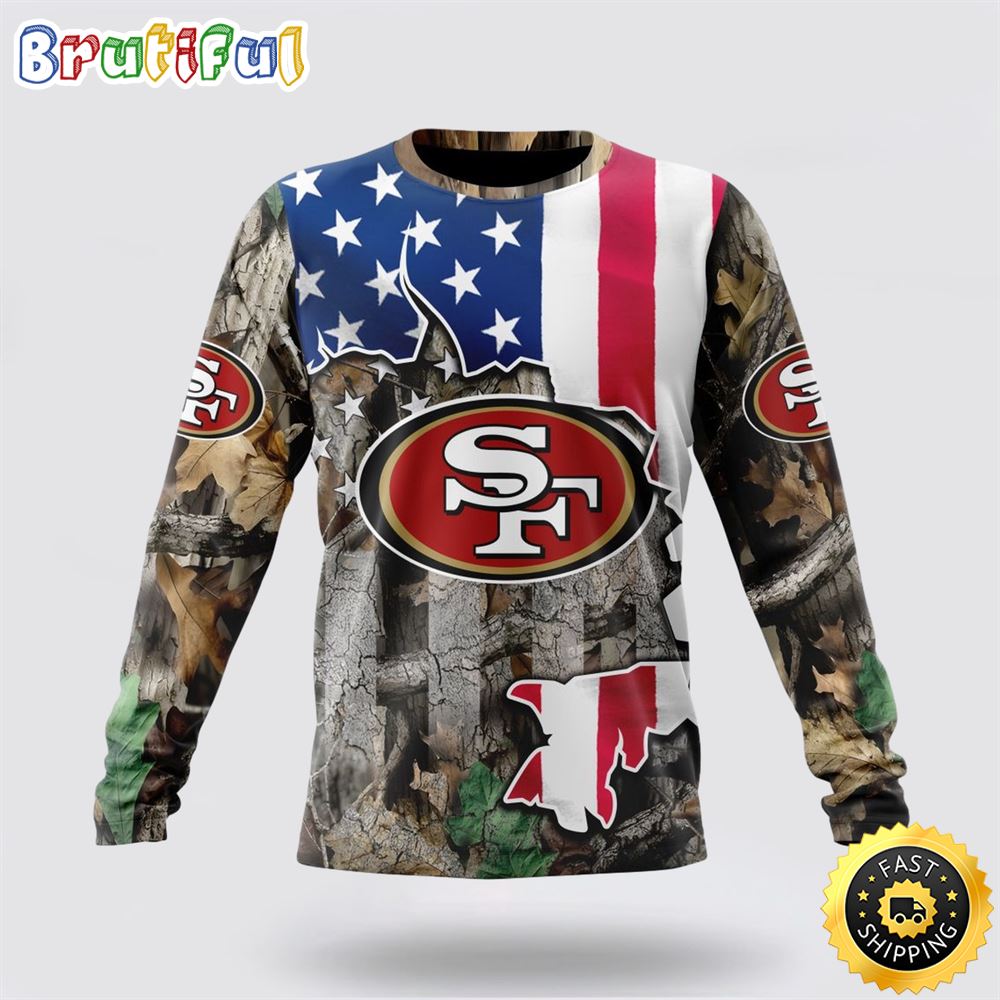 Sportswearmerch San Francisco 49ers NFL Crewneck USA Flag Camo Realtree Hunting Personalized Sweater For Fan
