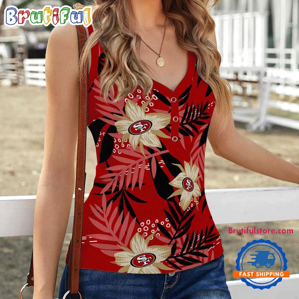 Sportswearmerch San Francisco 49ers NFL Hibiscus Pattern Women's V-Neck Ribbed Tank Top For Fan
