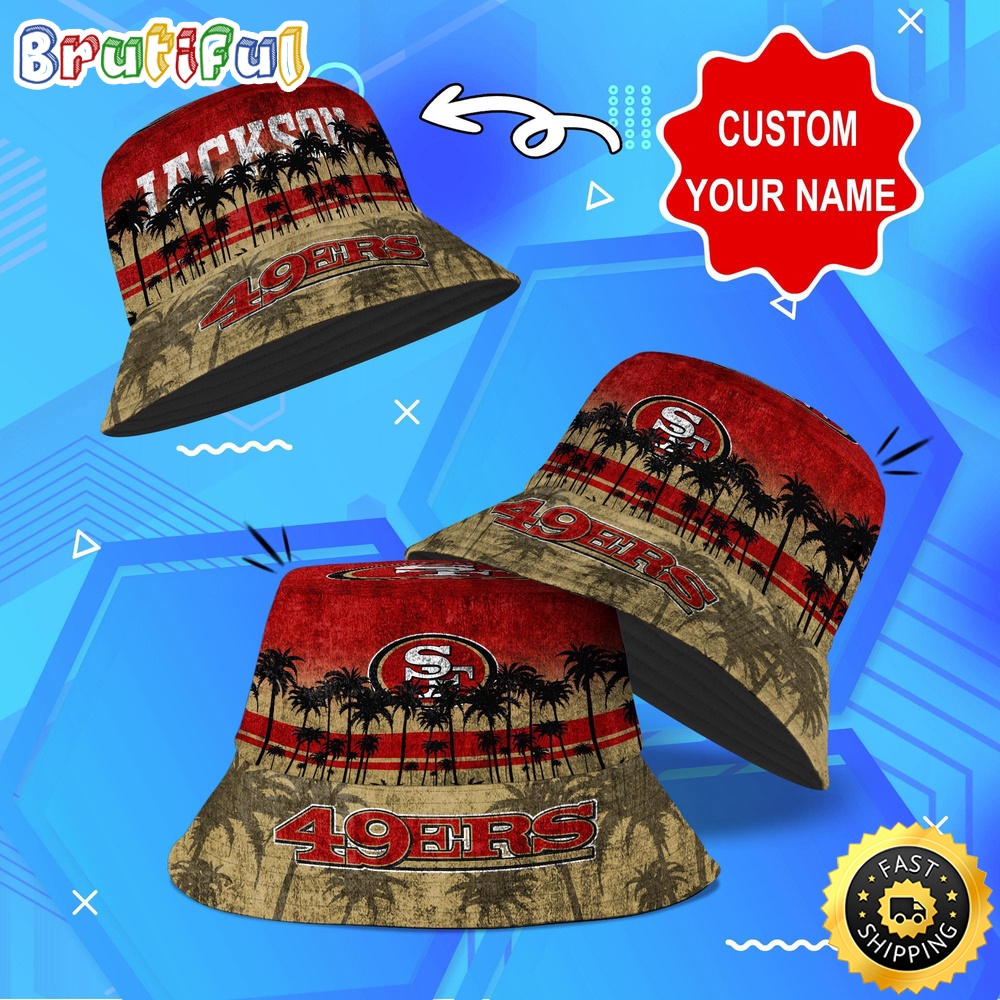 Sportswearmerch San Francisco 49ers NFL Palm Tree Personalized Bucket Hat For Fan