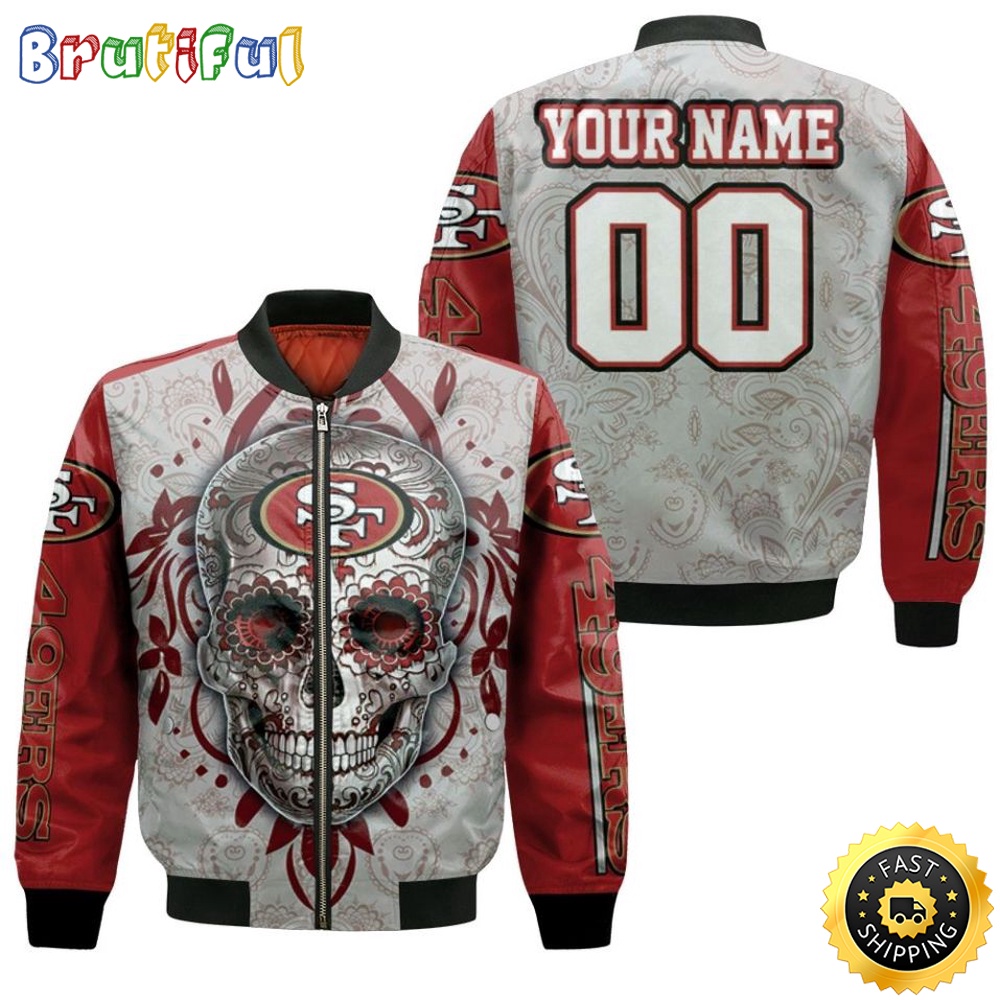 Sportswearmerch San Francisco 49ers NFL Personalized Bomber Jacket Sugar Skull For Fan