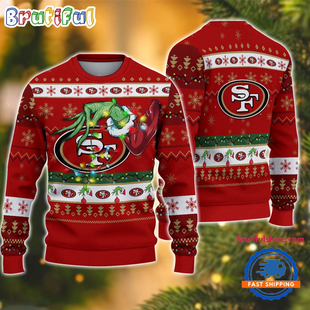 Sportswearmerch San Francisco 49ers NFL Special Grinch's Hand Football Christmas Sweater For Fan