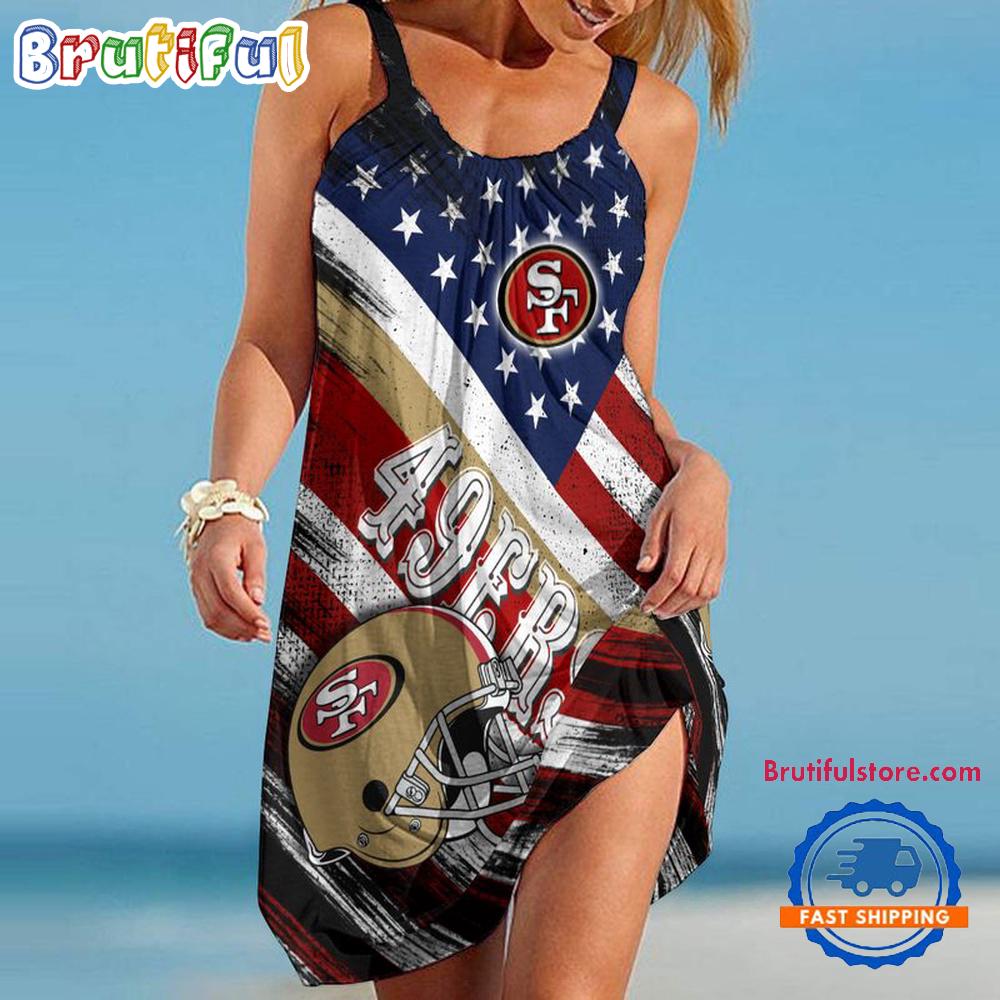 Sportswearmerch San Francisco 49ers NFL USA Independence Day Women's Summer Beach Dress For Fan
