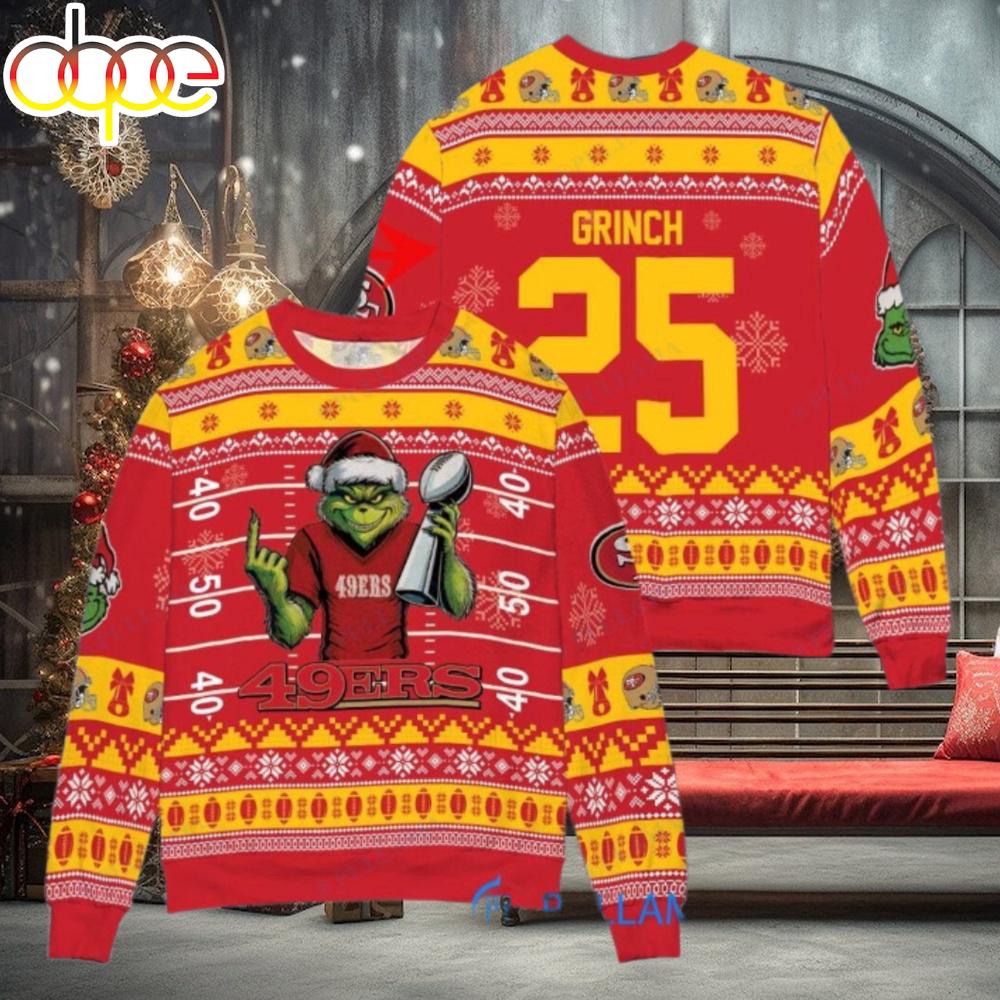 Sportswearmerch San Francisco 49ers NFL x Grinch Super Bowl Trophy Ugly Christmas Sweater For Fan