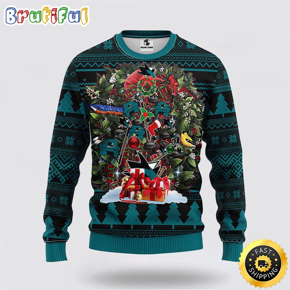 Sportswearmerch San Jose Sharks NHL Tree Ugly Christmas Fleece Sweater For Fan