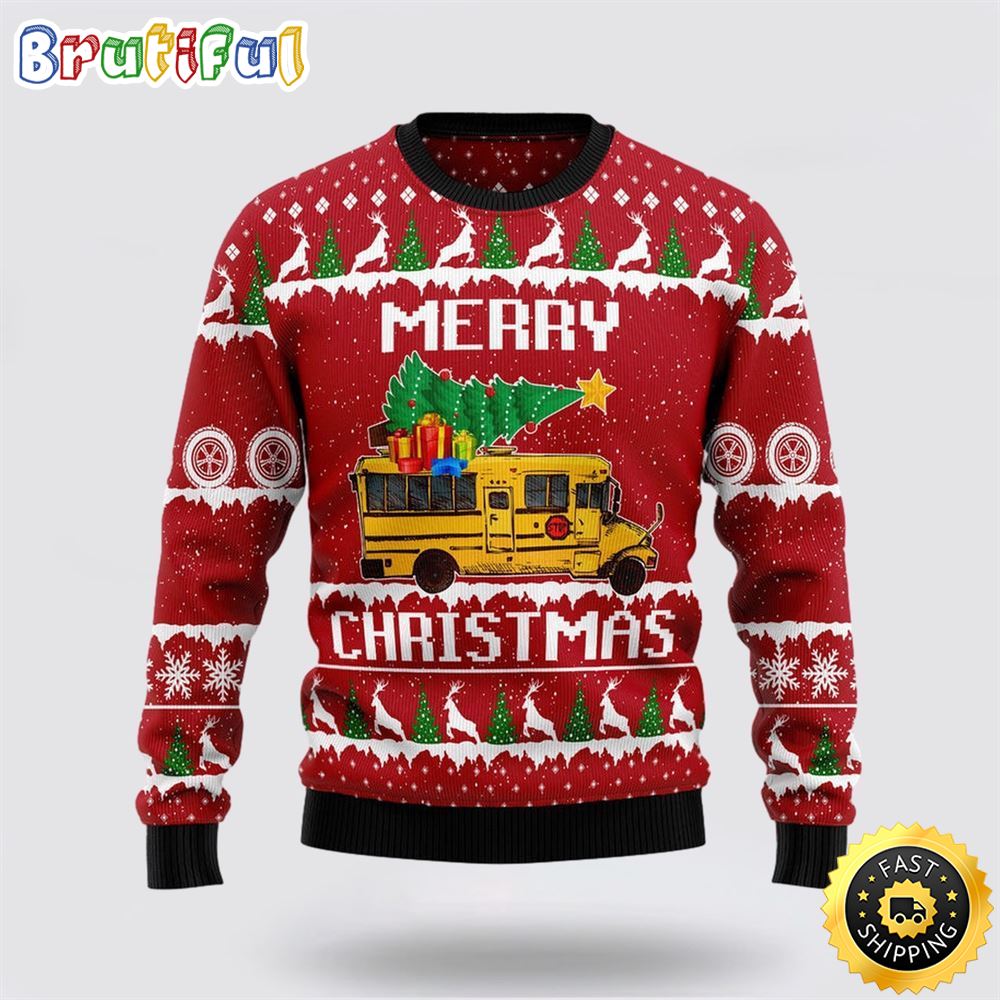 Sportswearmerch School Bus Merry Funny Personalized Christmas Sweater For Fan