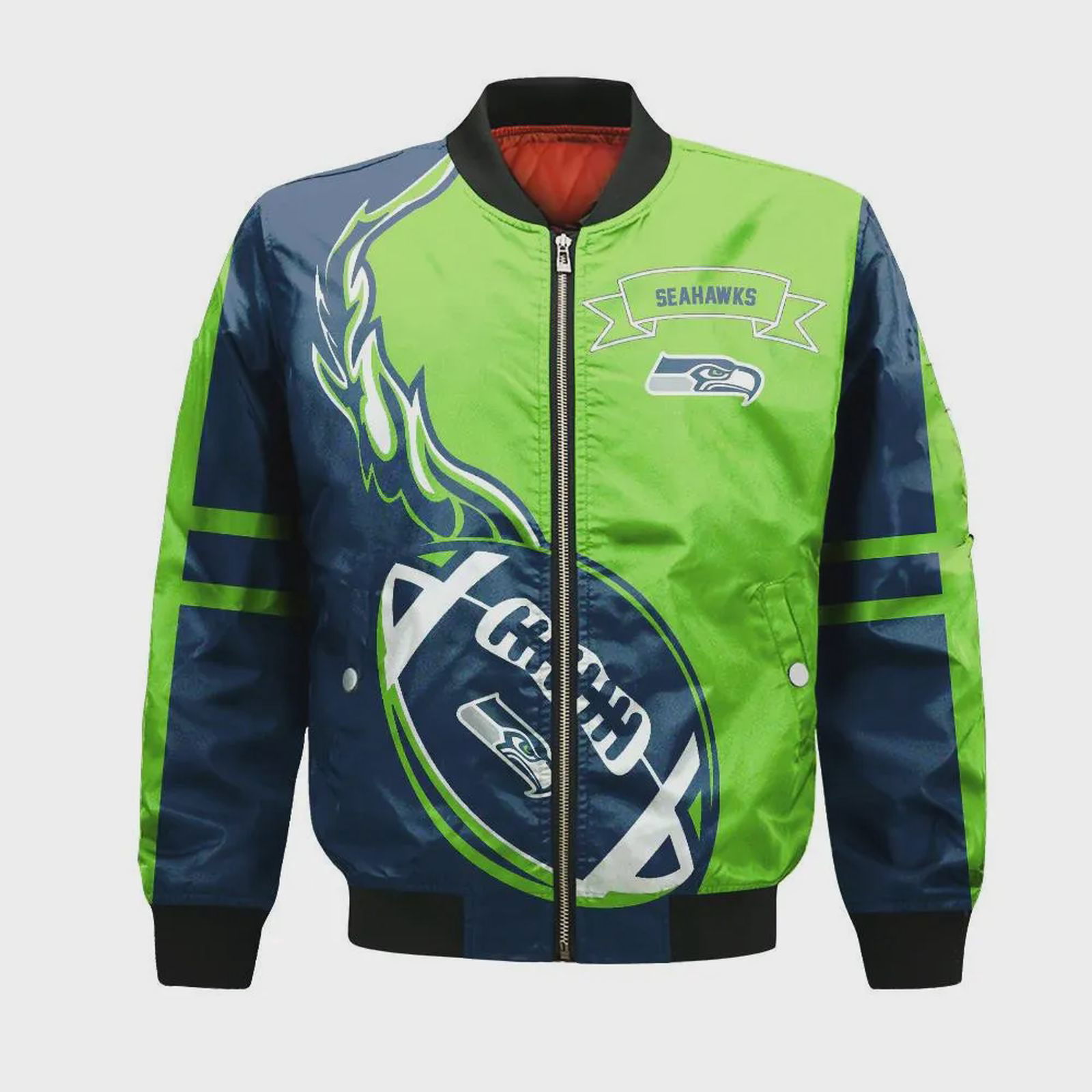 Sportswearmerch Seattle Seahawk NFL Bomber Jacket Flame Ball Pattern For Fan