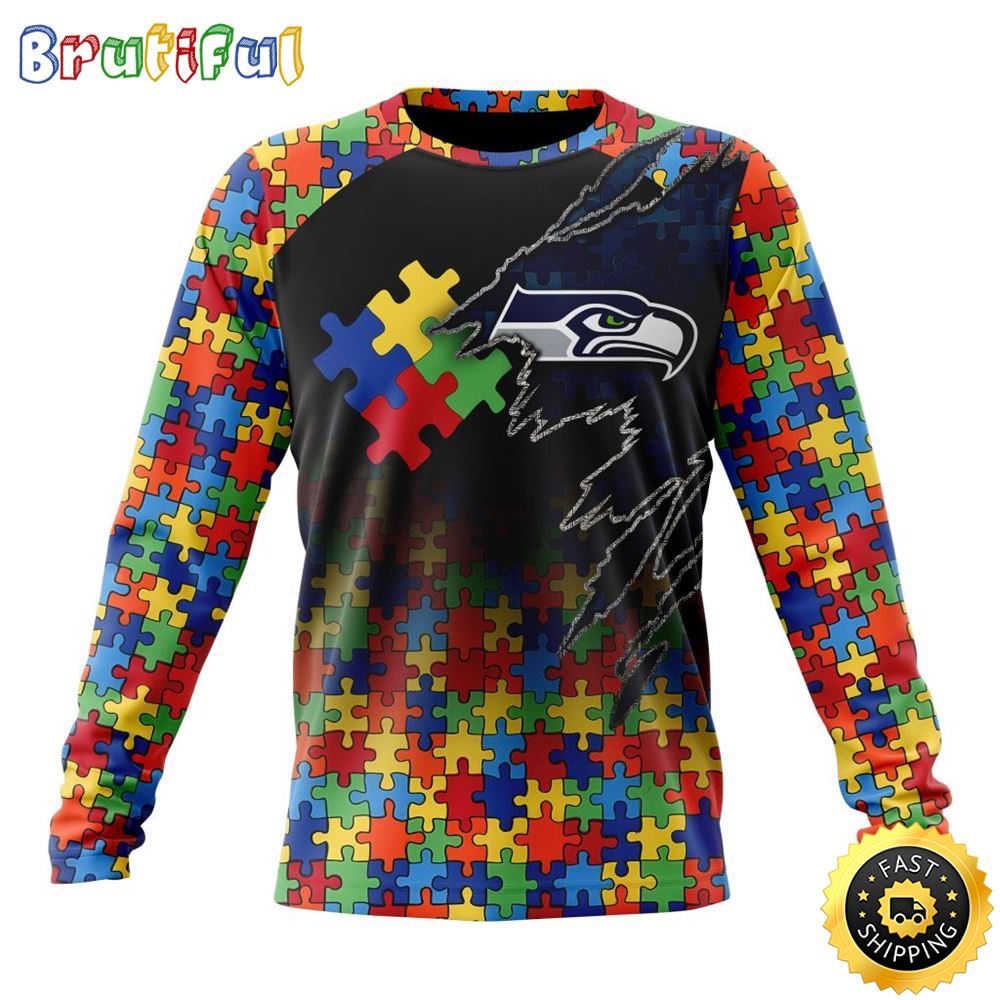 Sportswearmerch Seattle Seahawks NFL Crewneck Autism Awareness Personalized Sweater For Fan