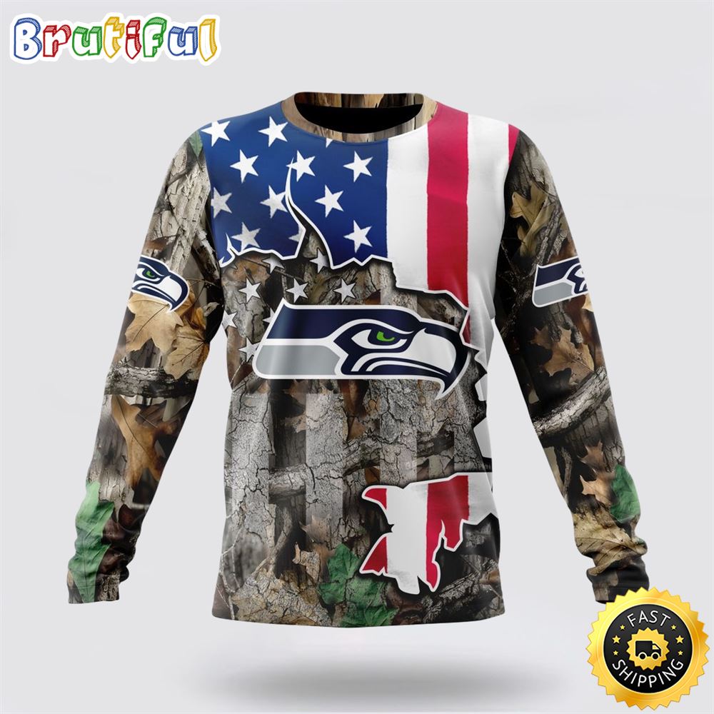 Sportswearmerch Seattle Seahawks NFL Crewneck USA Flag Camo Realtree Hunting Personalized Sweater For Fan