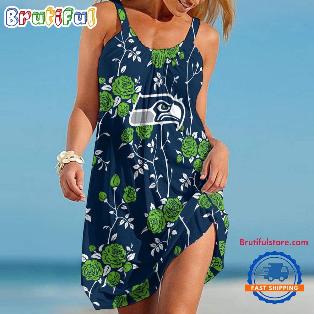 Sportswearmerch Seattle Seahawks NFL Flower Women’s Summer Beach Dress For Fan
