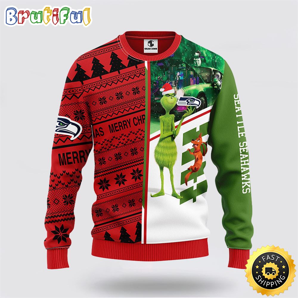 Sportswearmerch Seattle Seahawks NFL Grinch & Scooby-Doo Ugly Christmas Sweater For Fan