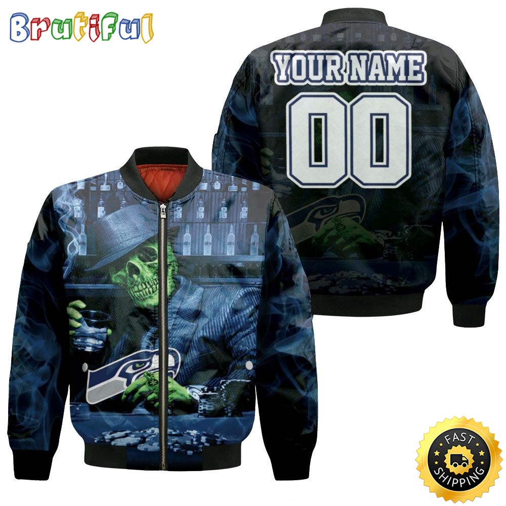 Sportswearmerch Seattle Seahawks NFL Personalized Bomber Jacket Skull Play Card For Fan