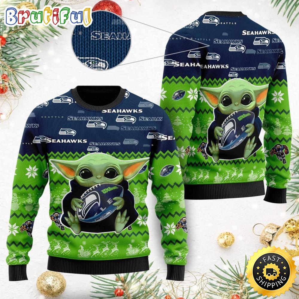 Sportswearmerch Seattle Seahawks NFL Ugly Christmas Sweater Baby Yoda For Fan