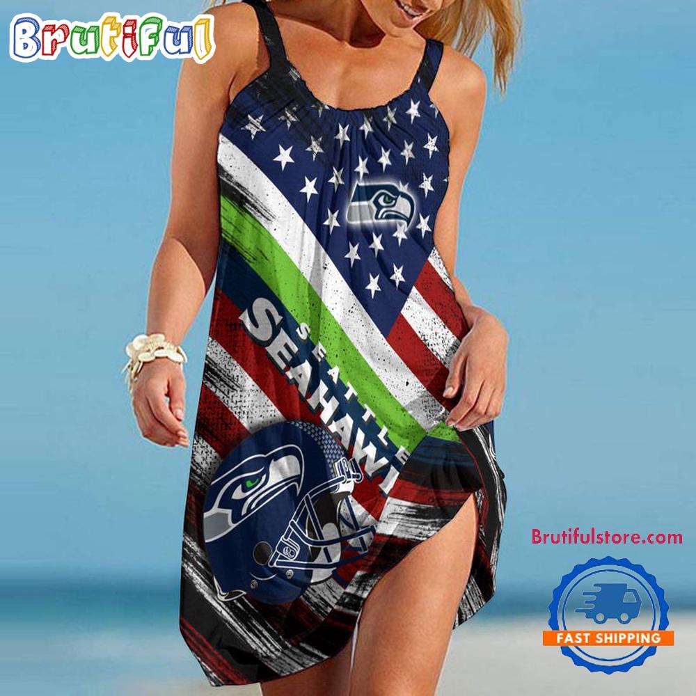 Sportswearmerch Seattle Seahawks NFL USA Independence Day Women's Summer Beach Dress For Fan
