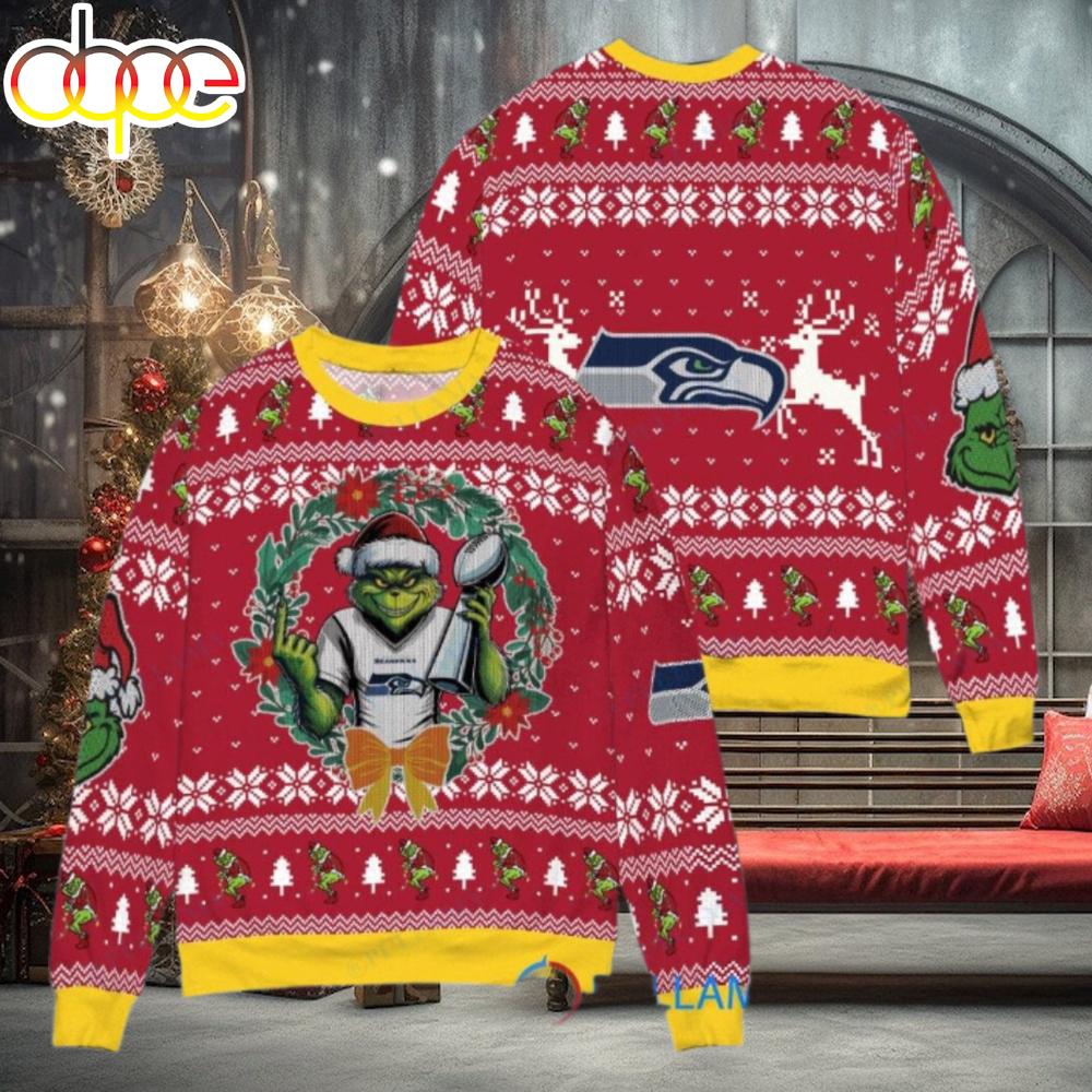 Sportswearmerch Seattle Seahawks NFL x Grinch Super Bowl Trophy Ugly Christmas Sweater For Fan