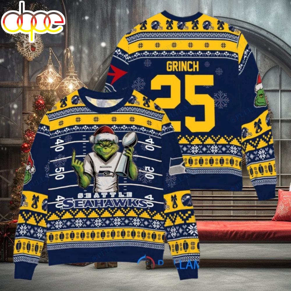 Sportswearmerch Seattle Seahawks NFL x Grinch Super Bowl Trophy Ugly Christmas Sweater For Fan
