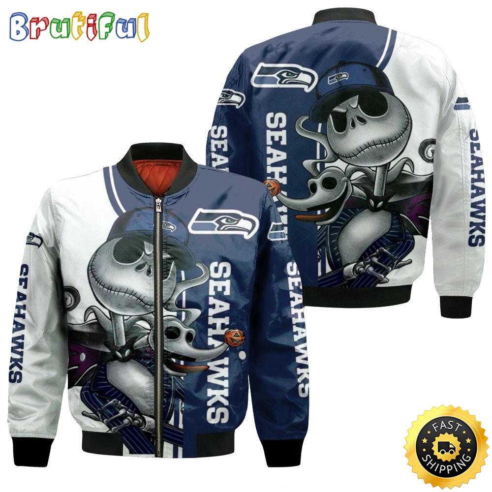Sportswearmerch Seattle Seahawks NFL x Jack Skellington And Zero Personalized Bomber Jacket For Fan