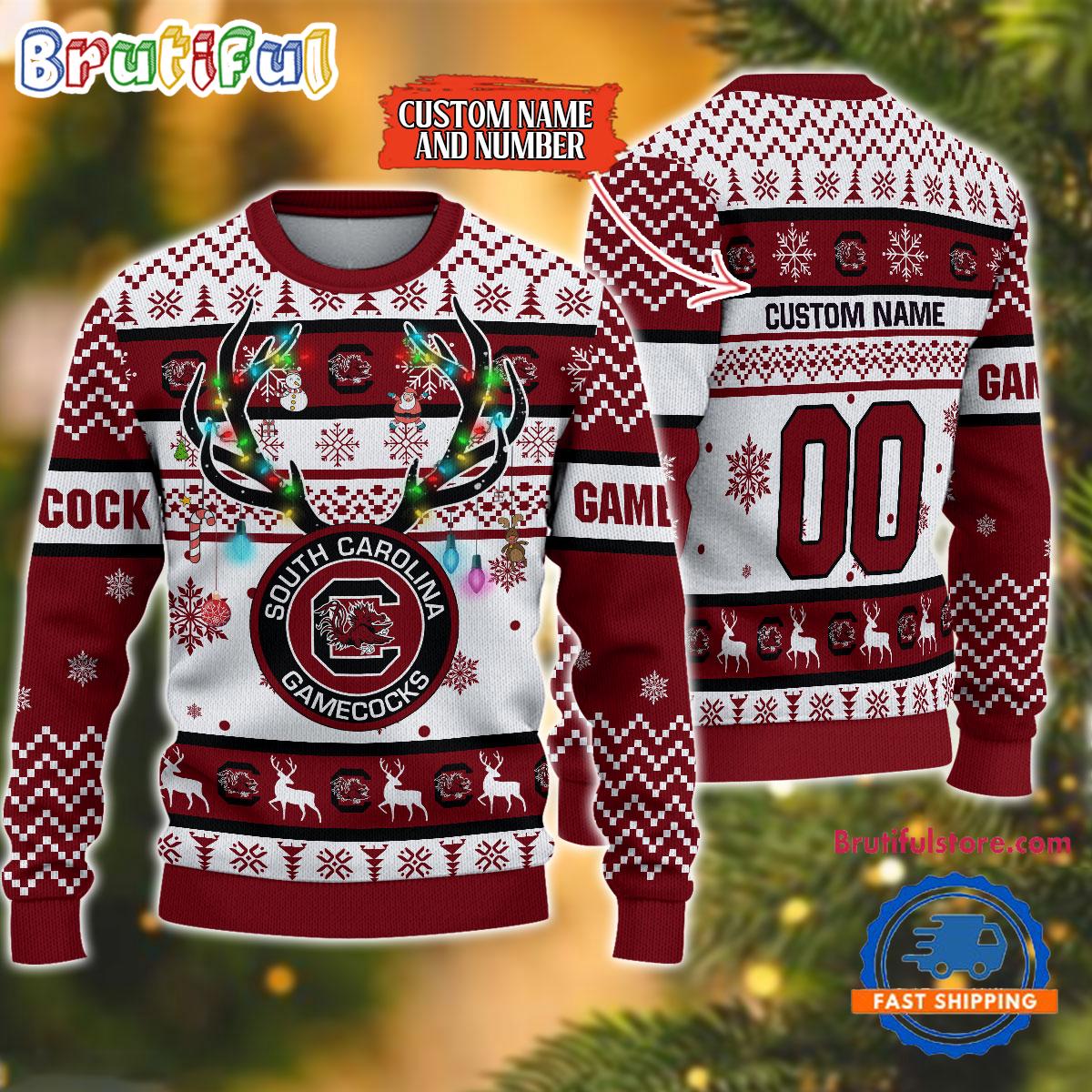 Sportswearmerch South Carolina Gamecocks NCAA Special Reindeer Light Personalized Christmas Sweater For Fan
