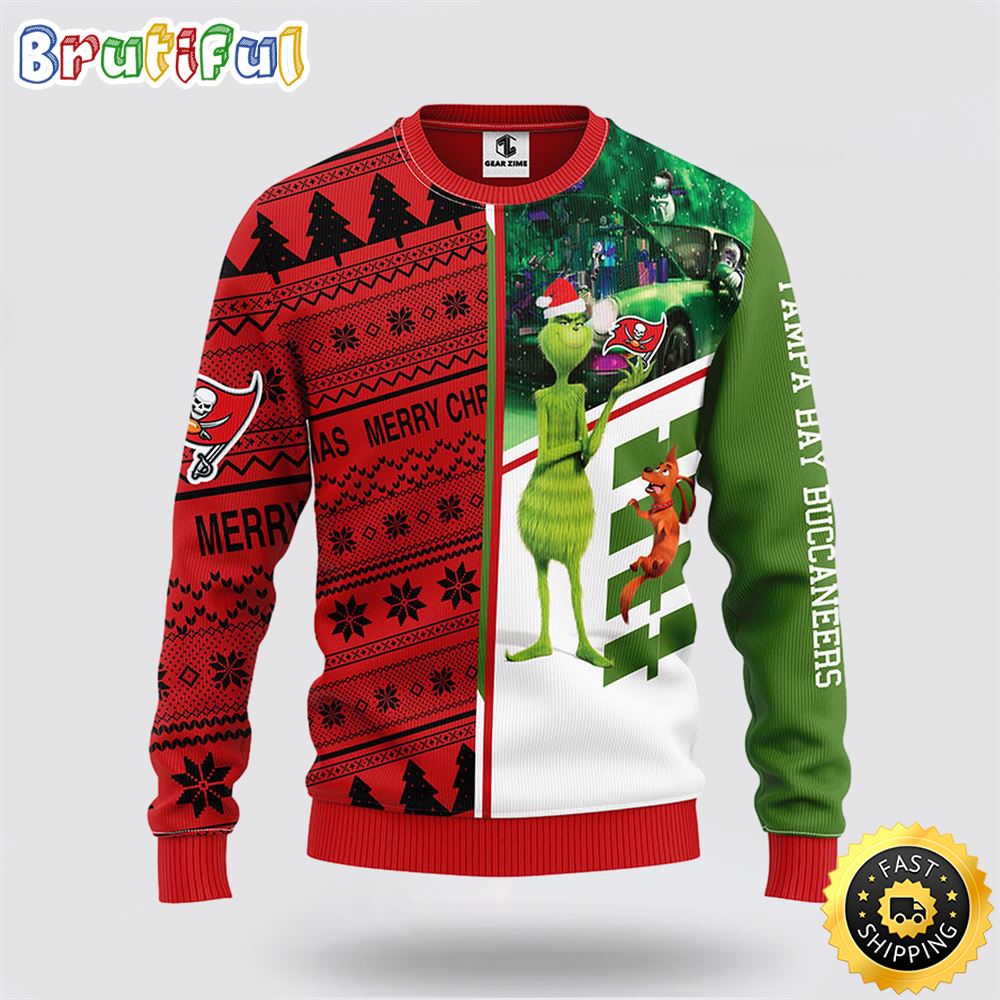 Sportswearmerch Tampa Bay Buccaneers NFL Grinch & Scooby-Doo Ugly Christmas Sweater For Fan