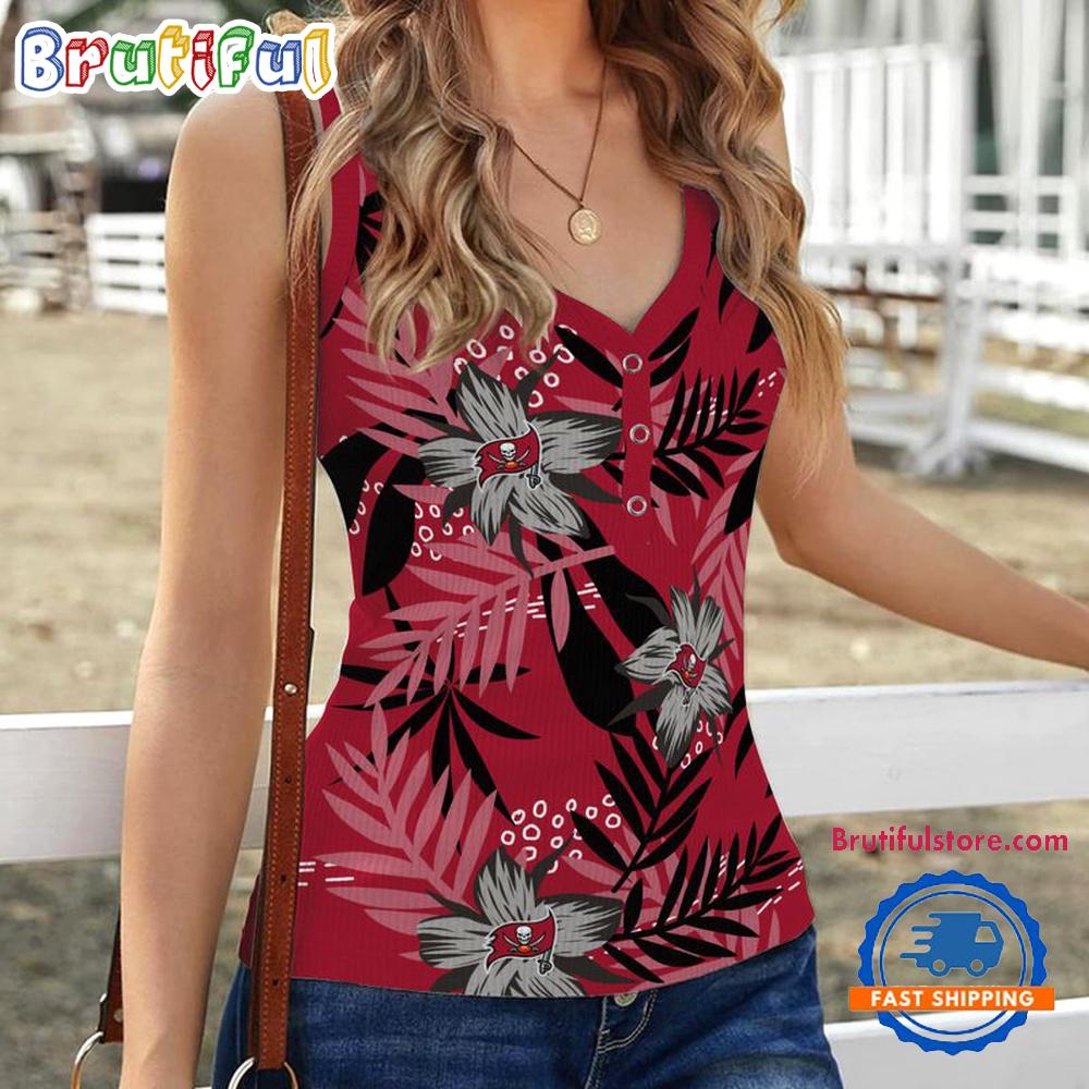 Sportswearmerch Tampa Bay Buccaneers NFL Hibiscus Pattern Women's V-Neck Ribbed Tank Top For Fan