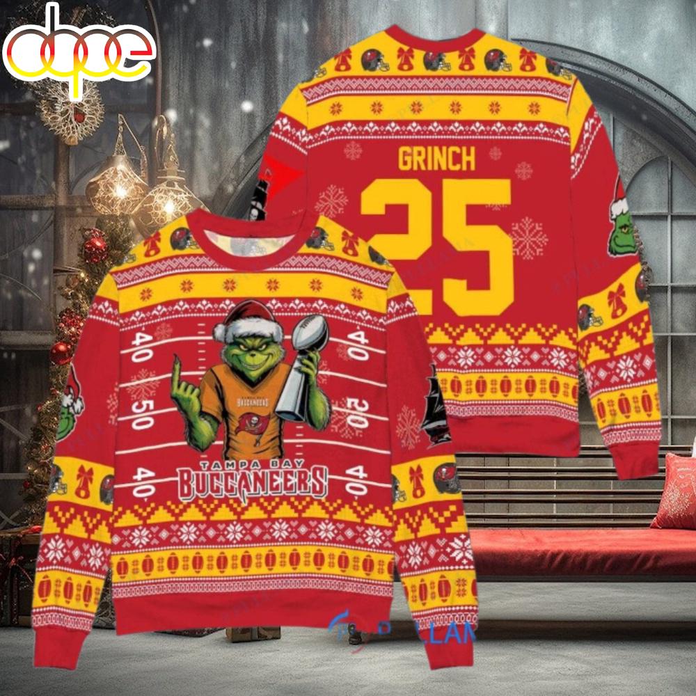 Sportswearmerch Tampa Bay Buccaneers NFL x Grinch Super Bowl Trophy Ugly Christmas Sweater For Fan