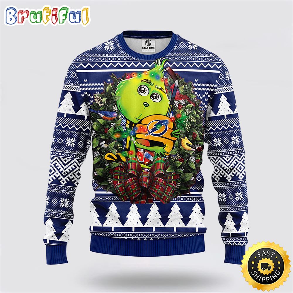 Sportswearmerch Tampa Bay Lightning NHL Grinch Hug Ugly Christmas Sweater For Fan
