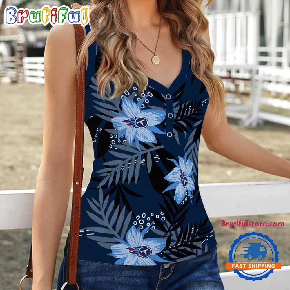 Sportswearmerch Tennessee Titans NFL Hibiscus Pattern Women's V-Neck Ribbed Tank Top For Fan