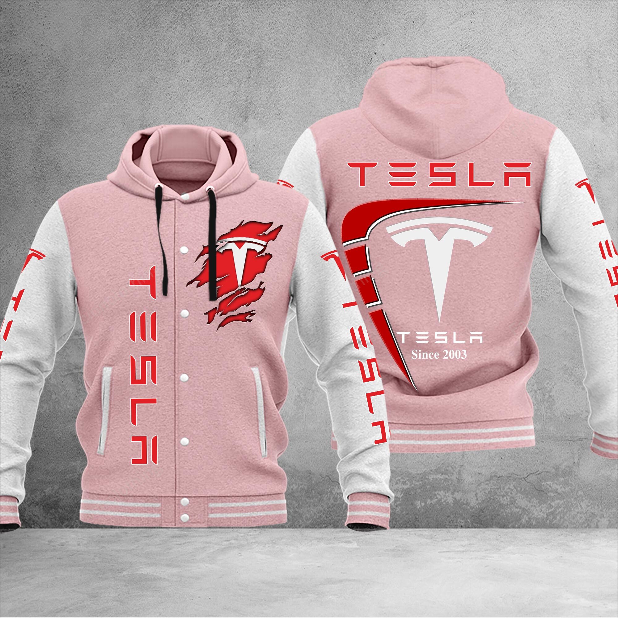 Sportswearmerch Tesla Car Personalized Hooded Baseball Jacket For Fan