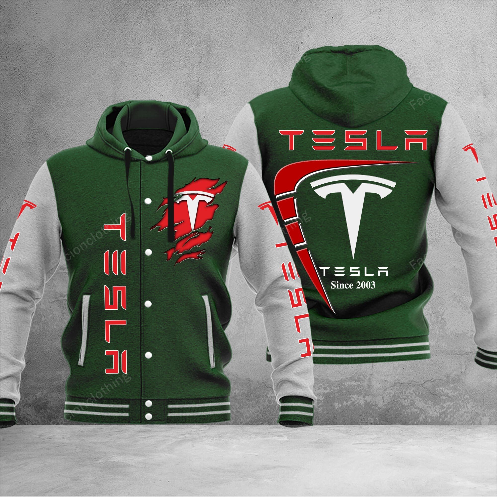 Sportswearmerch Tesla Car Personalized Hooded Baseball Jacket For Fan
