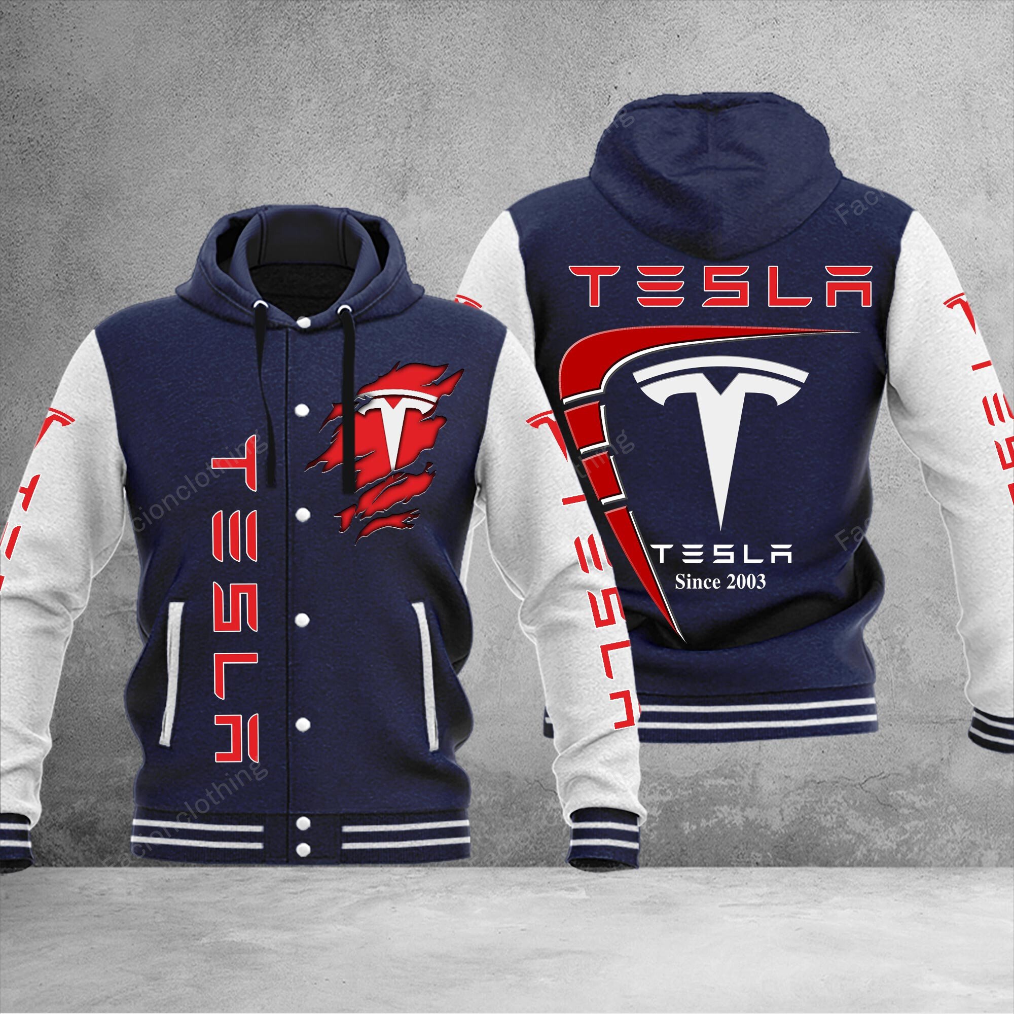 Sportswearmerch Tesla Car Personalized Hooded Baseball Jacket For Fan
