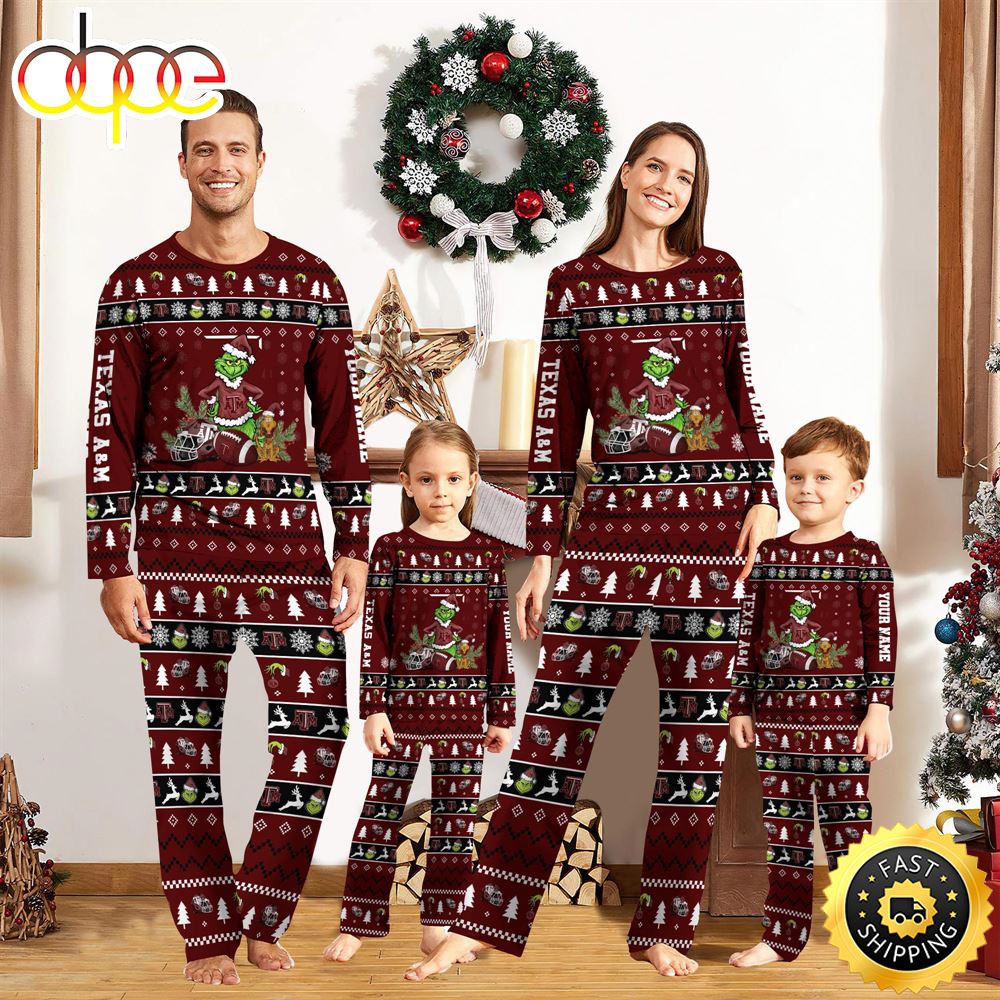 Sportswearmerch Texas A&M Aggies NCAA Grinch Christmas Personalized Pajamas For Fan