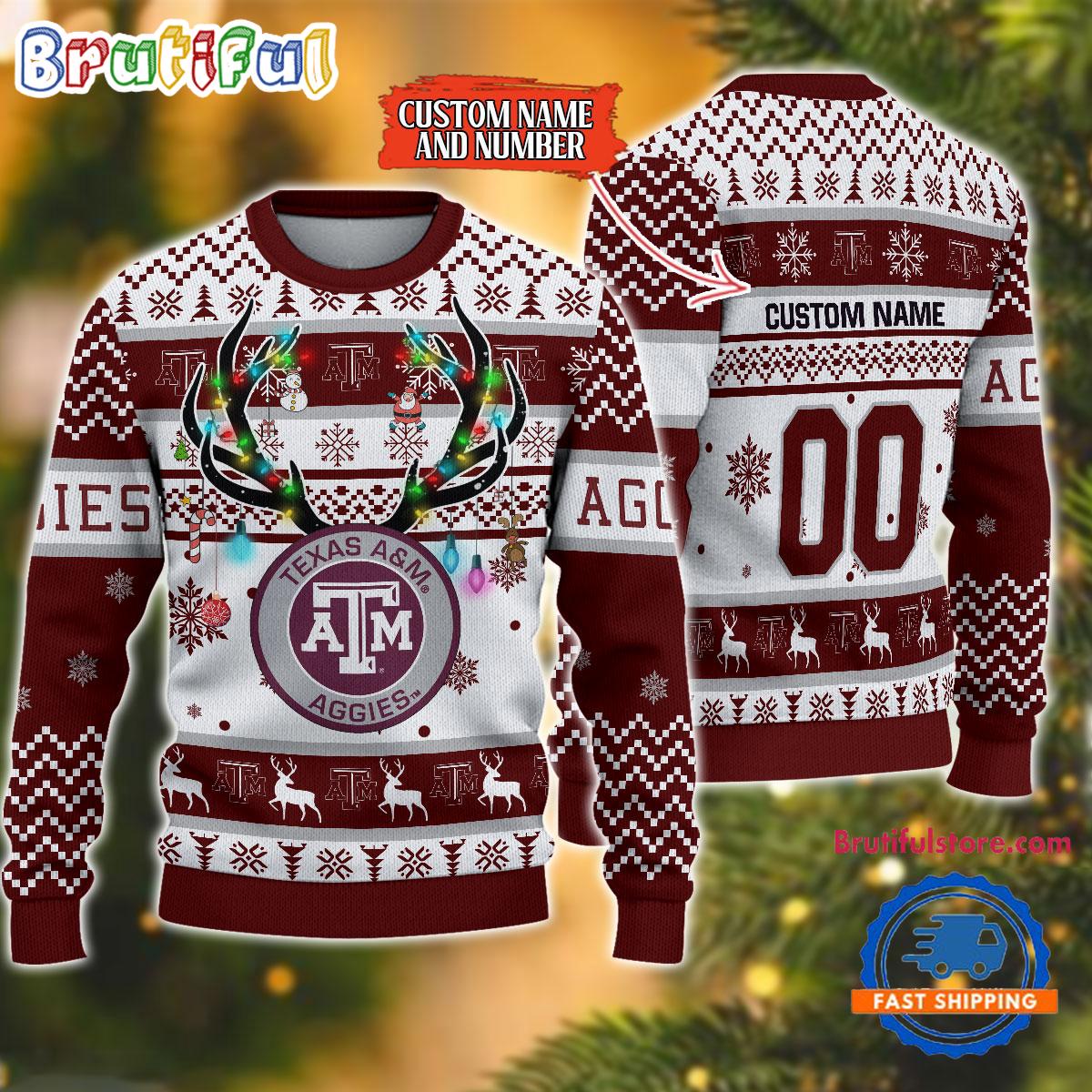 Sportswearmerch Texas A&M Aggies NCAA Special Reindeer Light Personalized Christmas Sweater For Fan