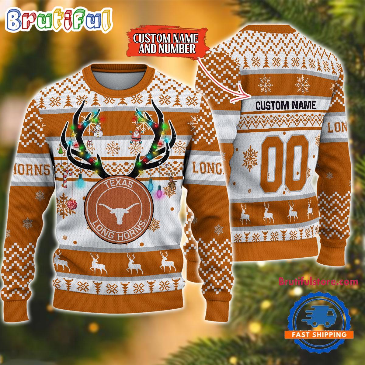 Sportswearmerch Texas Longhorns NCAA Special Reindeer Light Personalized Christmas Sweater For Fan