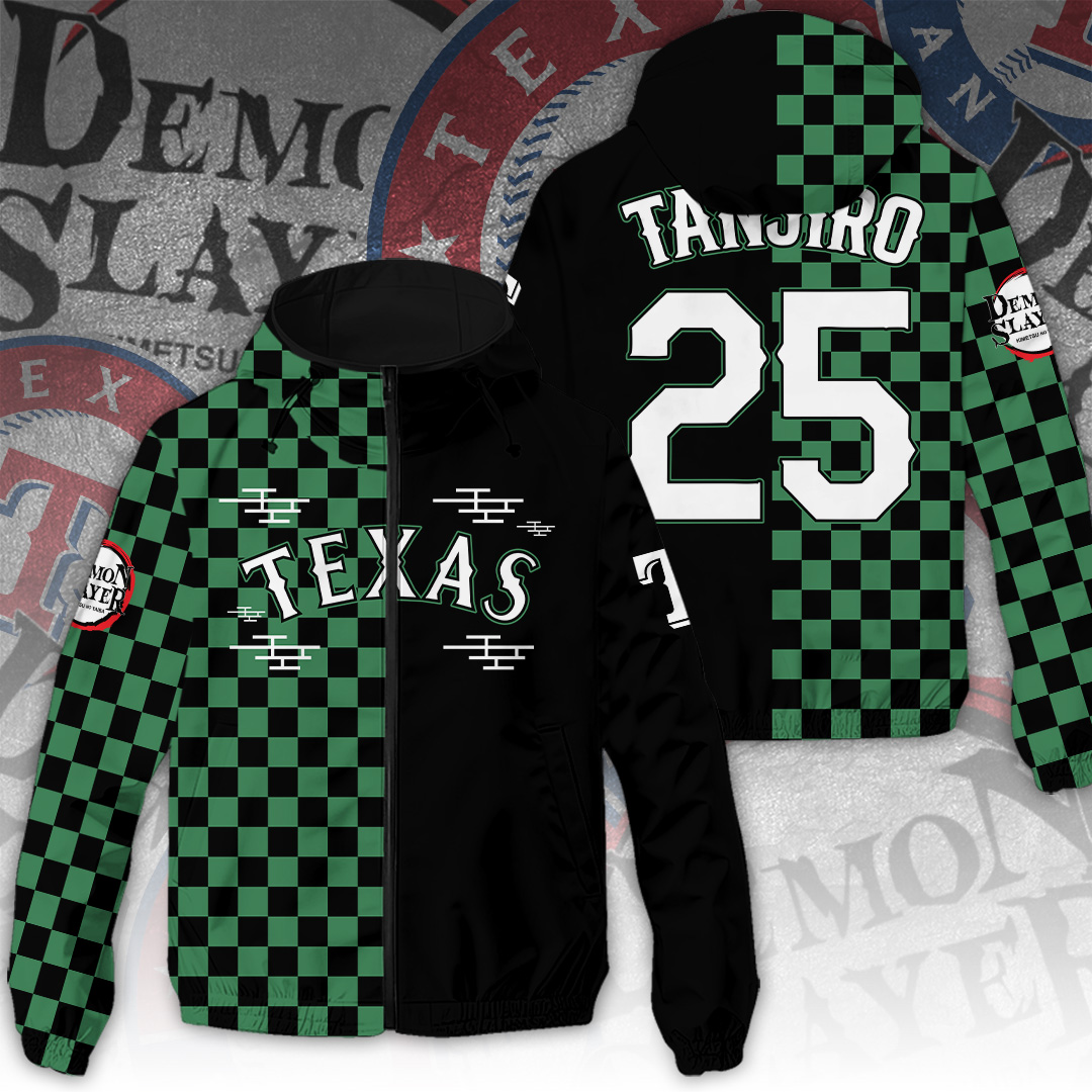 Sportswearmerch Texas Rangers x Demon Slayer MLB Windbreaker Jacket For Fan