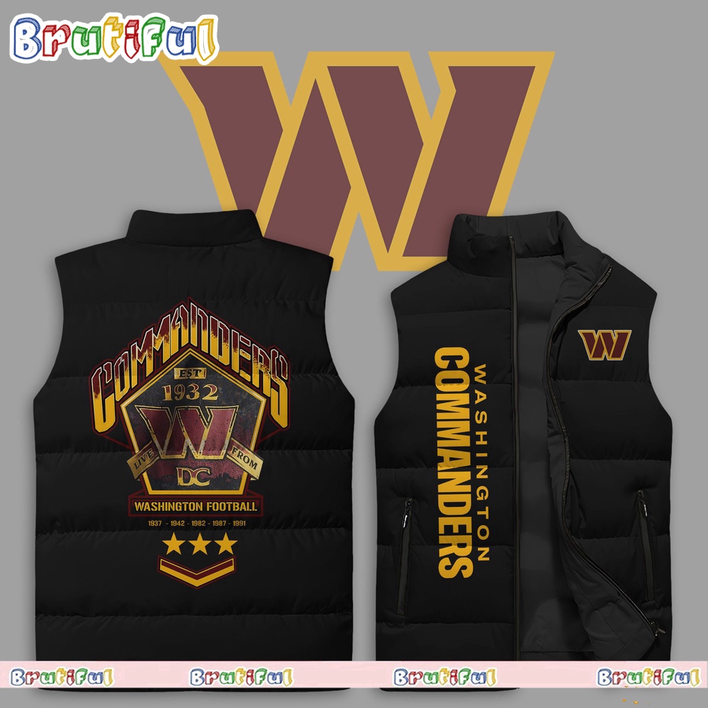 Sportswearmerch The Wild Collective Black Washington Commanders NFL Band Sleeveless Puffer Jacket For Fan