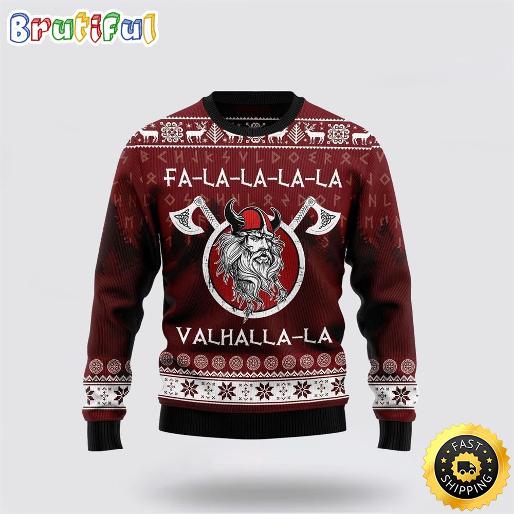 Sportswearmerch Viking Valhalla Woolen Personalized Christmas Sweater For Fan