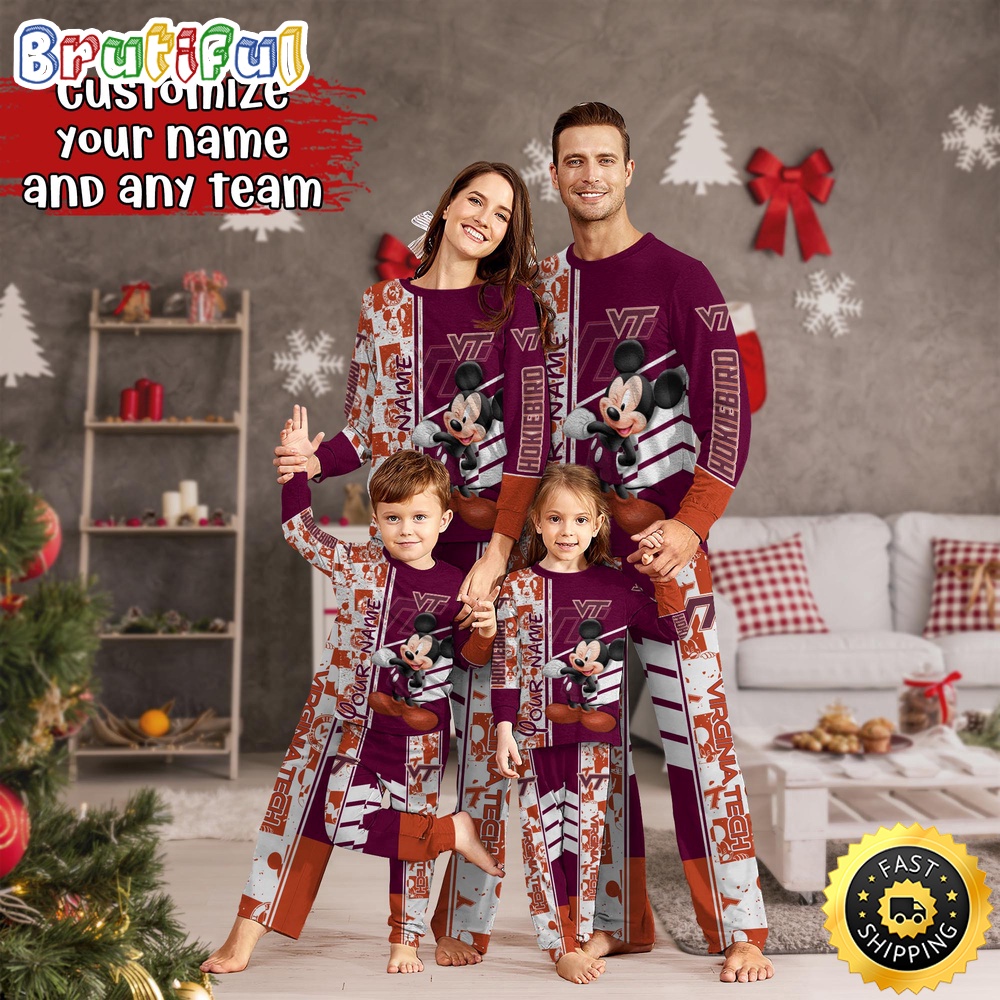 Sportswearmerch Virginia Tech Hokies NCAA Mickey Mouse Personalized Pajamas Family For Fan