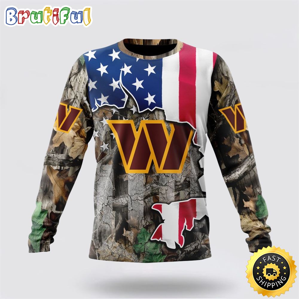 Sportswearmerch Washington Commanders NFL Crewneck USA Flag Camo Realtree Hunting Personalized Sweater For Fan