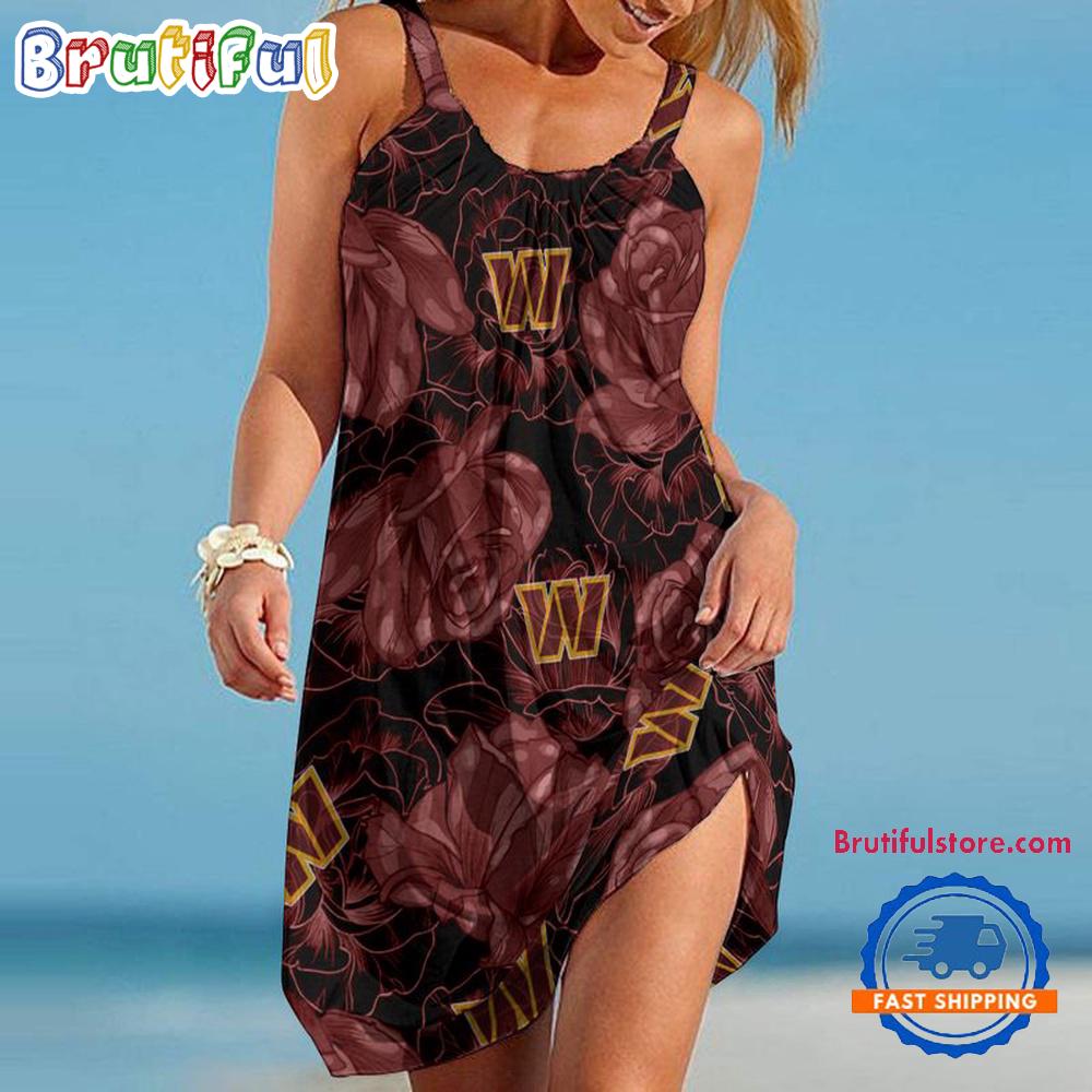 Sportswearmerch Washington Commanders NFL Flower Pattern Women’s Summer Beach Dress For Fan