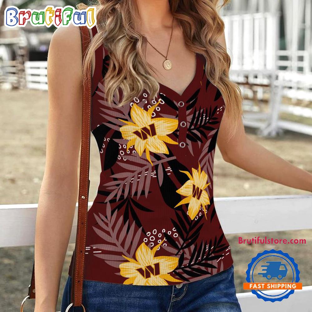 Sportswearmerch Washington Commanders NFL Hibiscus Pattern Women's V-Neck Ribbed Tank Top For Fan