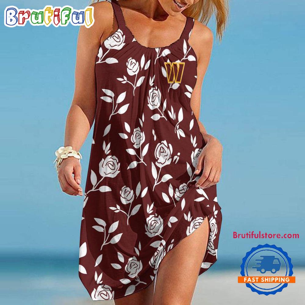 Sportswearmerch Washington Commanders NFL Rose Pattern Women’s Summer Beach Dress For Fan