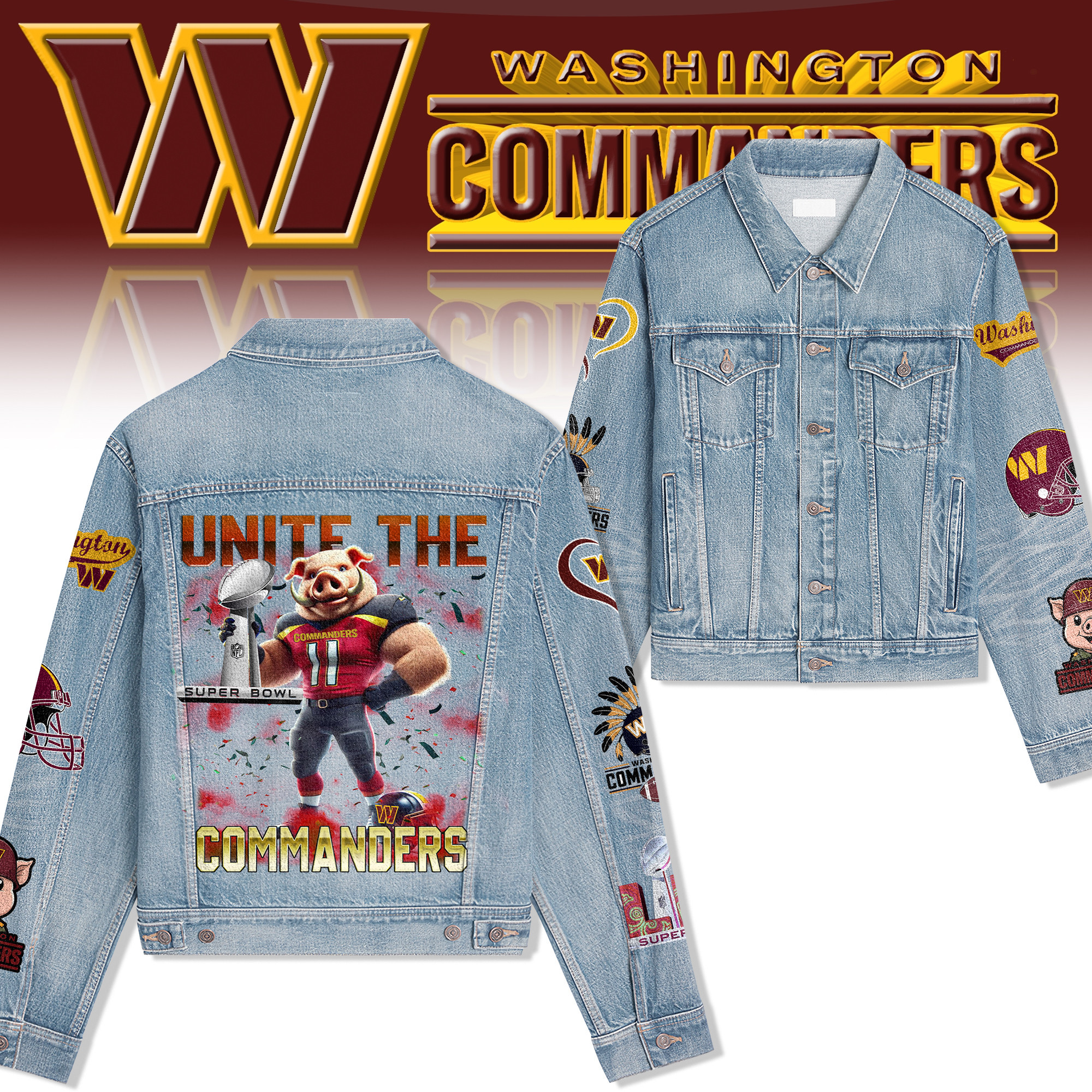 Sportswearmerch Washington Commanders Style Hooded Denim Jacket Gift For Fans