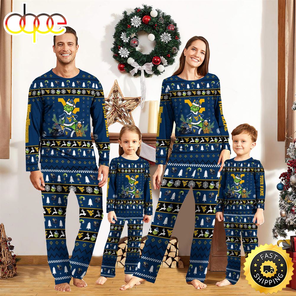 Sportswearmerch West Virginia Mountaineers NCAA Grinch Christmas Personalized Pajamas For Fan