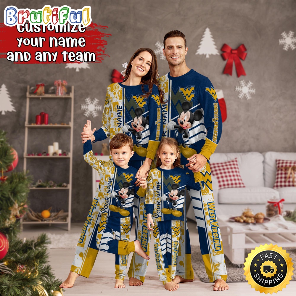 Sportswearmerch West Virginia Mountaineers NCAA Mickey Mouse Personalized Pajamas Family For Fan