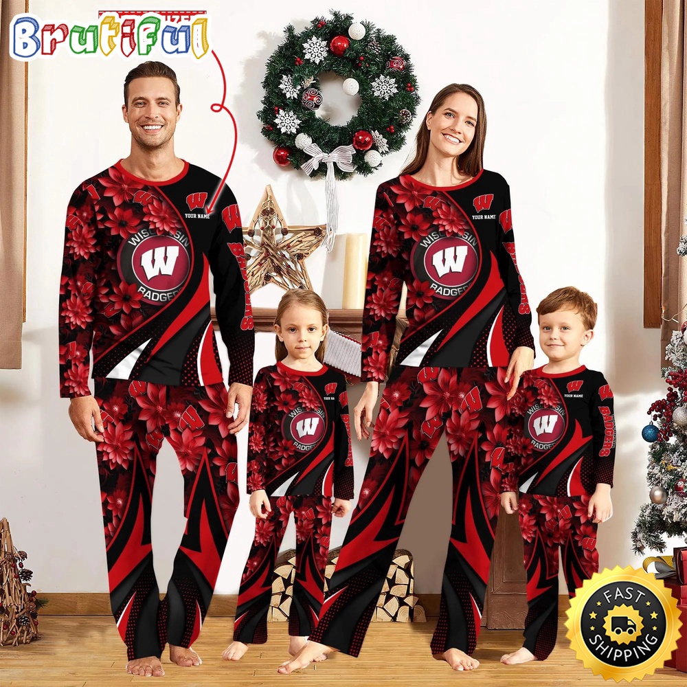 Sportswearmerch Wisconsin Badgers NCAA Flower Personalized Pajamas Family For Fan