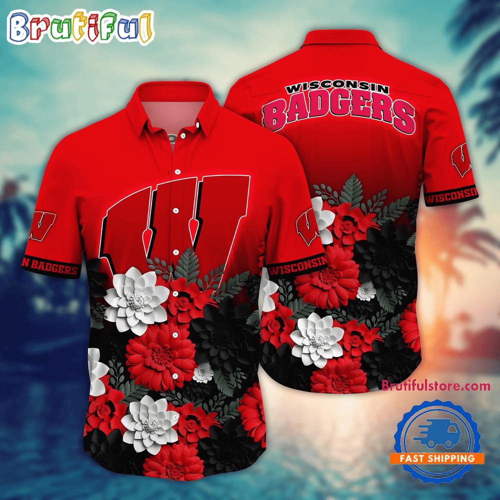 Sportswearmerch Wisconsin Badgers NCAA Flower Summer Beach Personalized Hawaiian Shirt For Fan