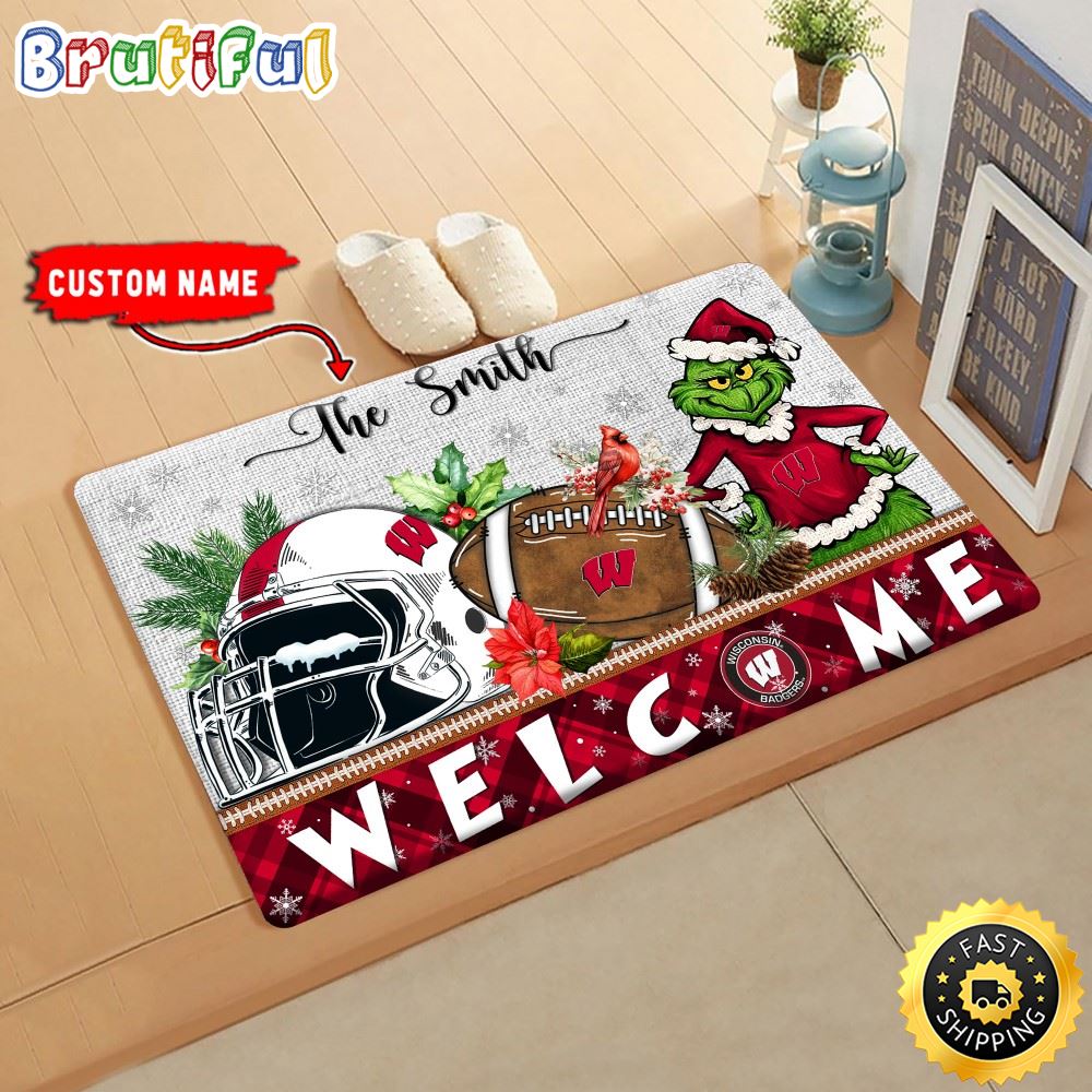 Sportswearmerch Wisconsin Badgers NCAA Grinch Christmas Doormat For Fan