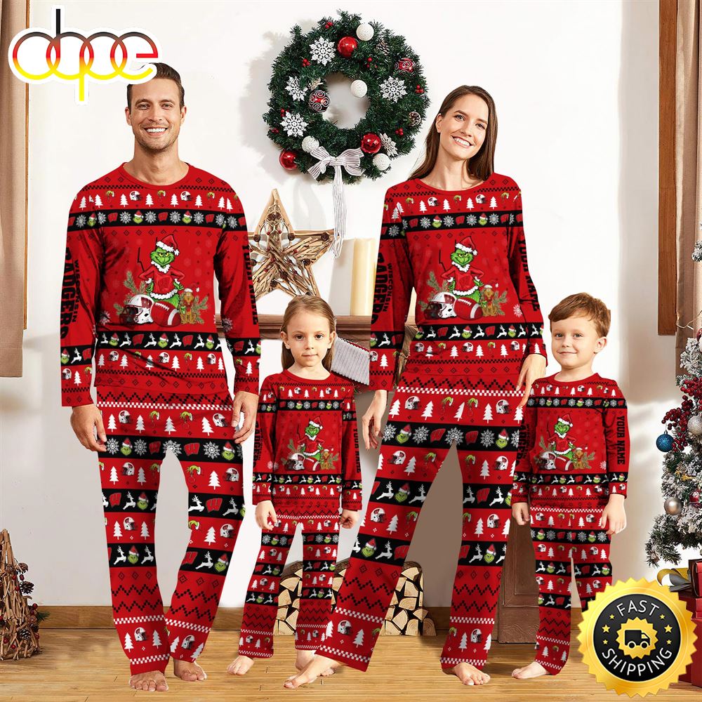Sportswearmerch Wisconsin Badgers NCAA Grinch Christmas Personalized Pajamas For Fan